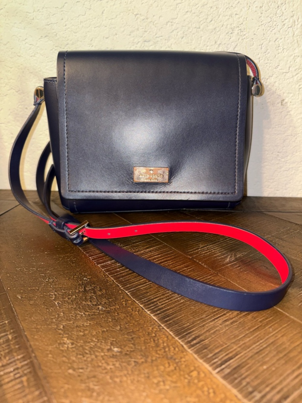 Kate Spade Navy Leather Crossbody Bag Red Interior Flap Gold Hardware